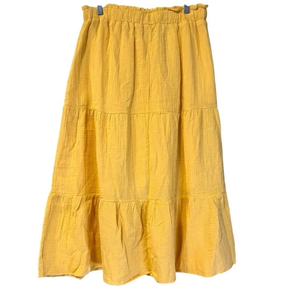 Boho Tiered Midi Skirt w/ Pockets & Elastic Waist |  Yellow | Very J | NWT L
